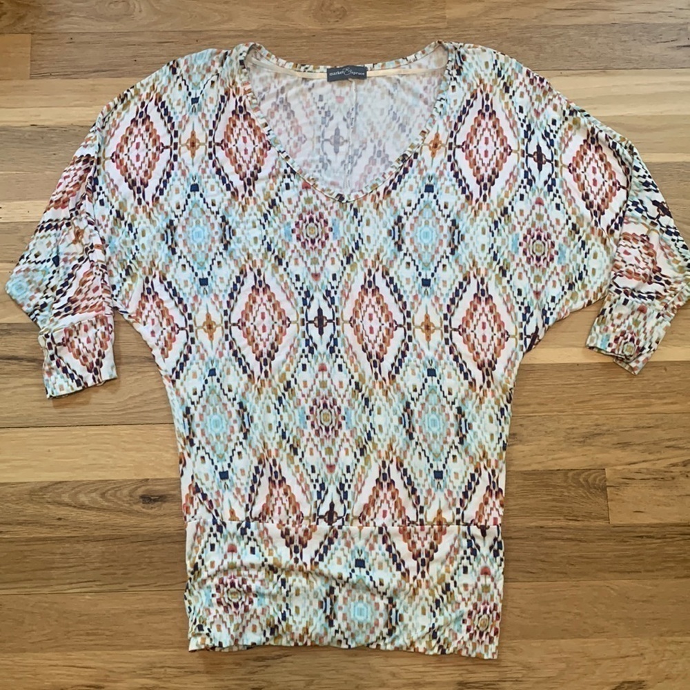 MARKET & Spruce Drop Shoulder 3/4 Sleeve Geometric Print Stretchy Top Women’s XS